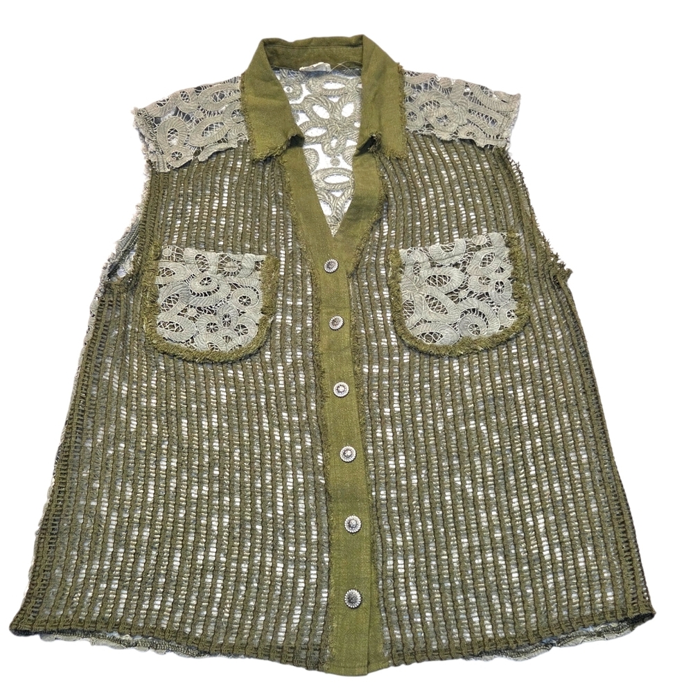 POL Button Down Crochet Patchwork Knit Vest Green… - image 2